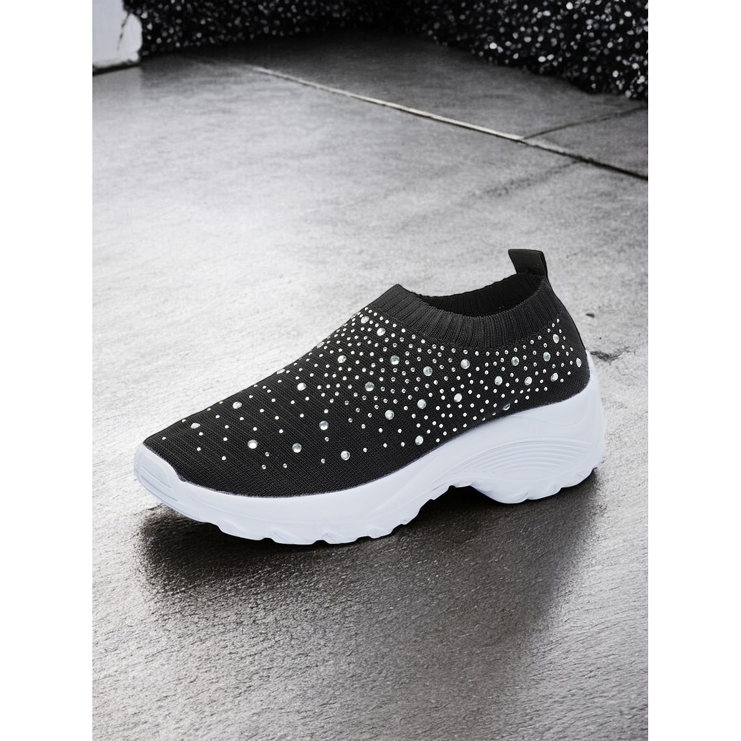 Women's Black Slip-On Sneakers with Rhinestone Embellishments and Chunky White Sole – Stylish and Comfortable Athletic Shoes for Casual Wear 2025