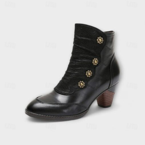 Women's Vintage Red Leather Ankle Boots – Premium Cowhide with Floral Button Accents and Chunky Heel for Retro Style and Everyday Wear 2025 - Image 4