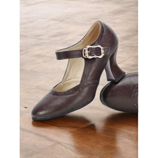 Women's Vintage Green faux Leather Mary Jane Pumps for Mid-Heel Dress Shoes with Brogue Detailing and Buckle Strap, Ideal for Office, Formal Events - Image 4