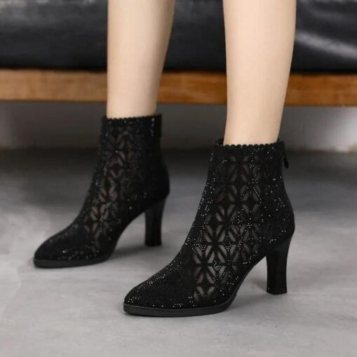 Women's Black Mesh Ankle Boots with Rhinestone Embellishments – Elegant High-Heel Design for Party and Evening Wear 2025