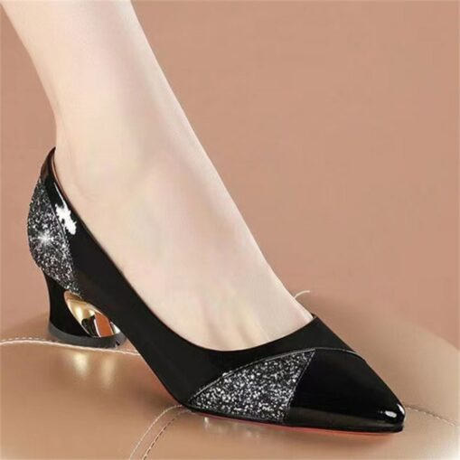 Women's Glitter-Accented Patent Faux Leather Block Heels – Elegant Pointed Toe Pumps for Formal Occasions 2025 - Image 2