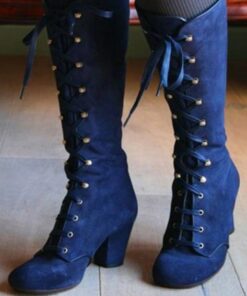 Women's Blue Knee-High Lace-Up Boots with Block Heels for Fashion and Casual Wear 2025