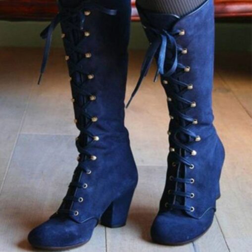 Women's Blue Knee-High Lace-Up Boots with Block Heels for Fashion and Casual Wear 2025
