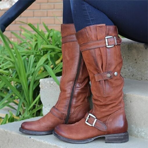 Women's Purple Faux Leather Knee-High Boots with Buckle Straps and Side Zipper, Vintage Style Motorcycle Boots for Outdoor and Casual Wear 2025 - Image 5
