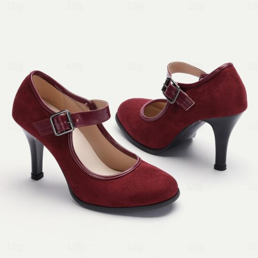 Women's Red Mary Jane Heels - Classic Suede High Heel Shoes for Parties and Formal Events 2025