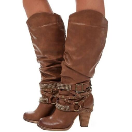 Women's Beige Slouchy Knee-High Boots with Buckle and Stud Accents, Vintage Western Style for Fall and Winter Casual Wear 2025 - Image 3