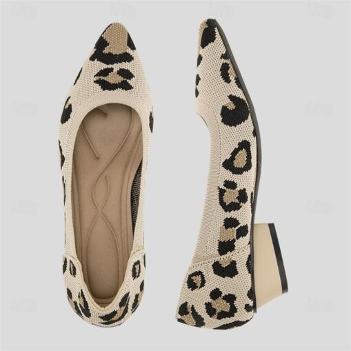 Women's Heels Plus Size Flyknit Shoes Outdoor Work Daily Leopard Sculptural Heel Pointed Toe Classic Casual Comfort Walking Knit Loafer Leopard Black