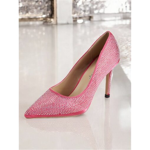 Women's Pink Rhinestone-Embellished Satin Stiletto Heels - Glamorous Pointed-Toe Pumps for Parties and Special Occasions 2025