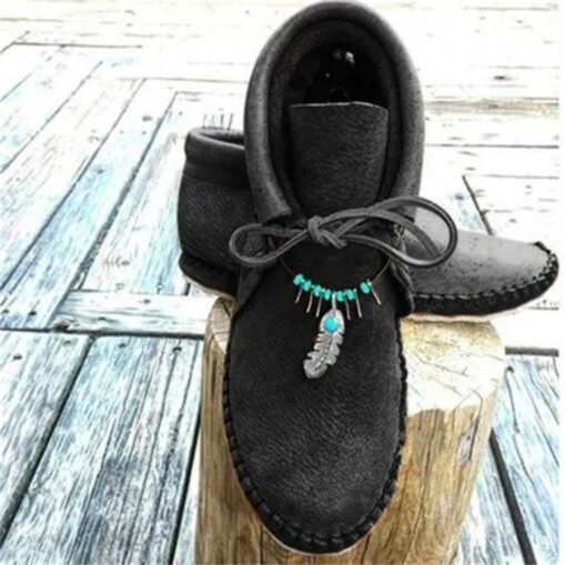 Women's Faux Leather Moccasin Ankle Boots with Feather and Bead Detail, Comfortable Slip-On Casual Shoes for Outdoor and Everyday Wear 2025 - Image 4