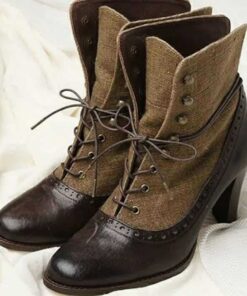 Women's Victorian Lace-Up Ankle Boots with Vintage Brogue Detailing – Faux Leather and Fabric High Heel Boots for Retro Fashion 2025