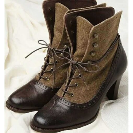 Women's Victorian Lace-Up Ankle Boots with Vintage Brogue Detailing – Faux Leather and Fabric High Heel Boots for Retro Fashion 2025