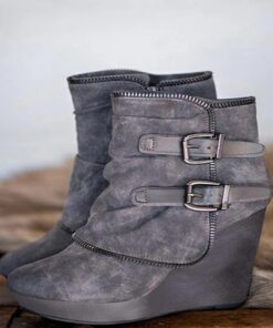 Women's Faux Suede Wedge Ankle Boots with Double Buckle and Side Zipper – Casual and Stylish Footwear 2025
