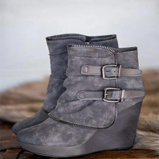 Women's Faux Suede Wedge Ankle Boots with Double Buckle and Side Zipper – Casual and Stylish Footwear 2025