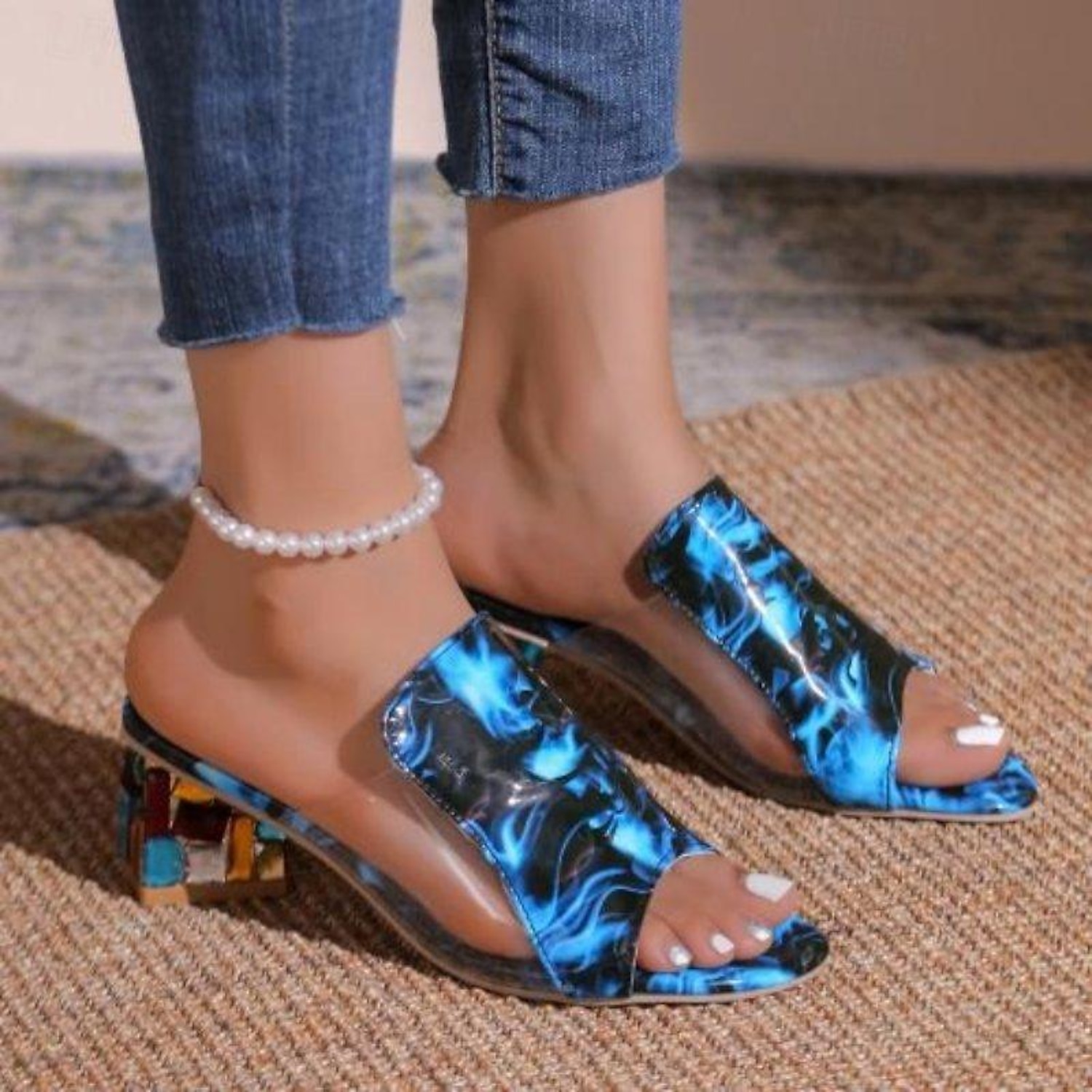 Women's White Croc-Embossed Open-Toe Sandals – Chic Slip-On Block Heels with Colorful Rhinestone Embellishments for Party & Summer Wear 2025 - Image 4