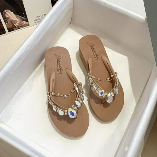 Women's Pink Rhinestone-Embellished Wedge Flip-Flops - Stylish Beach Sandals for Summer and Casual Wear 2025 - Image 2