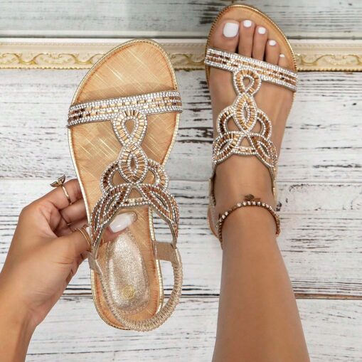 Women's Sandals Boho Bohemia Beach Plus Size Comfort Shoes Daily Beach Solid Color Summer Rhinestone Flat Heel Open Toe Casual Bohemia PU Loafer Silve