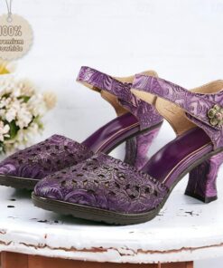 Women's Purple Vintage Cowhide Heels with Handcrafted Embossed Floral Patterns and Ankle Strap for Formal Occasions 2025