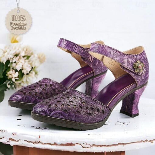 Women's Purple Vintage Cowhide Heels with Handcrafted Embossed Floral Patterns and Ankle Strap for Formal Occasions 2025