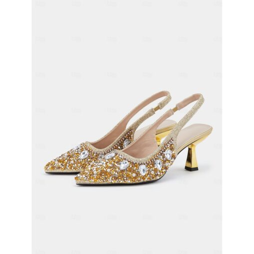 Women's Gold Rhinestone Slingback Heels with Pearl Embellishments – Luxury Pointed Toe Shoes for Weddings, Parties, and Formal Occasions 2025 - Image 3