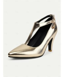 Women's 1980s Elegant Metallic Silver T-Strap Heels with Pointed Toe and Buckle Detail – Perfect for Evening Parties or Formal Events 2025