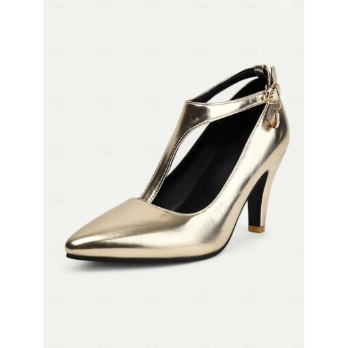 Women's 1980s Elegant Metallic Silver T-Strap Heels with Pointed Toe and Buckle Detail – Perfect for Evening Parties or Formal Events 2025