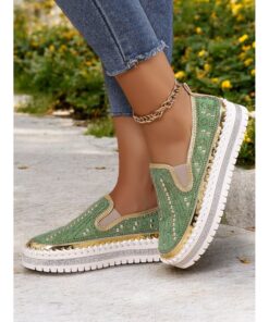 Women's Green Rhinestone Embellished Slip-On Sneakers with Chunky Sole - Glamorous Casual Shoes for Parties and Everyday Wear 2025