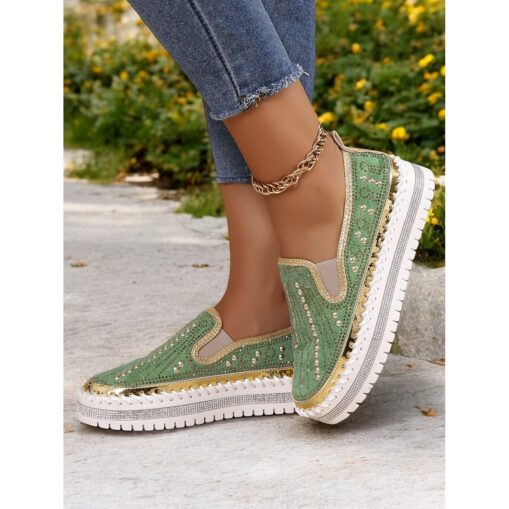 Women's Green Rhinestone Embellished Slip-On Sneakers with Chunky Sole - Glamorous Casual Shoes for Parties and Everyday Wear 2025