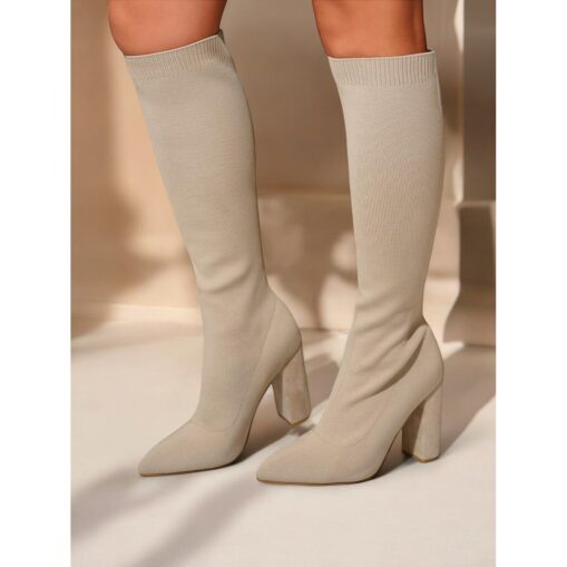 Women's Stretchy Knit Knee-High Boots with Chunky Heels – Elegant Green Fashion Boots for Fall/Winter 2025 - Image 2