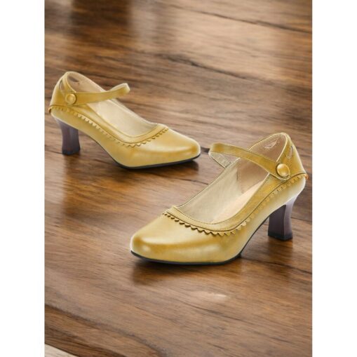 Women's Vintage Green Faux Leather Mary Jane Heels with Scalloped Edge and Button Detail - Comfortable Low Heels for Work, Formal Events and Retro St - Image 2