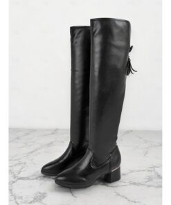 Women's Black Over-The-Knee Faux Leather Boots with Block Heel – Elegant Thigh-High Boots for Winter Fashion and Evening Outfits 2025