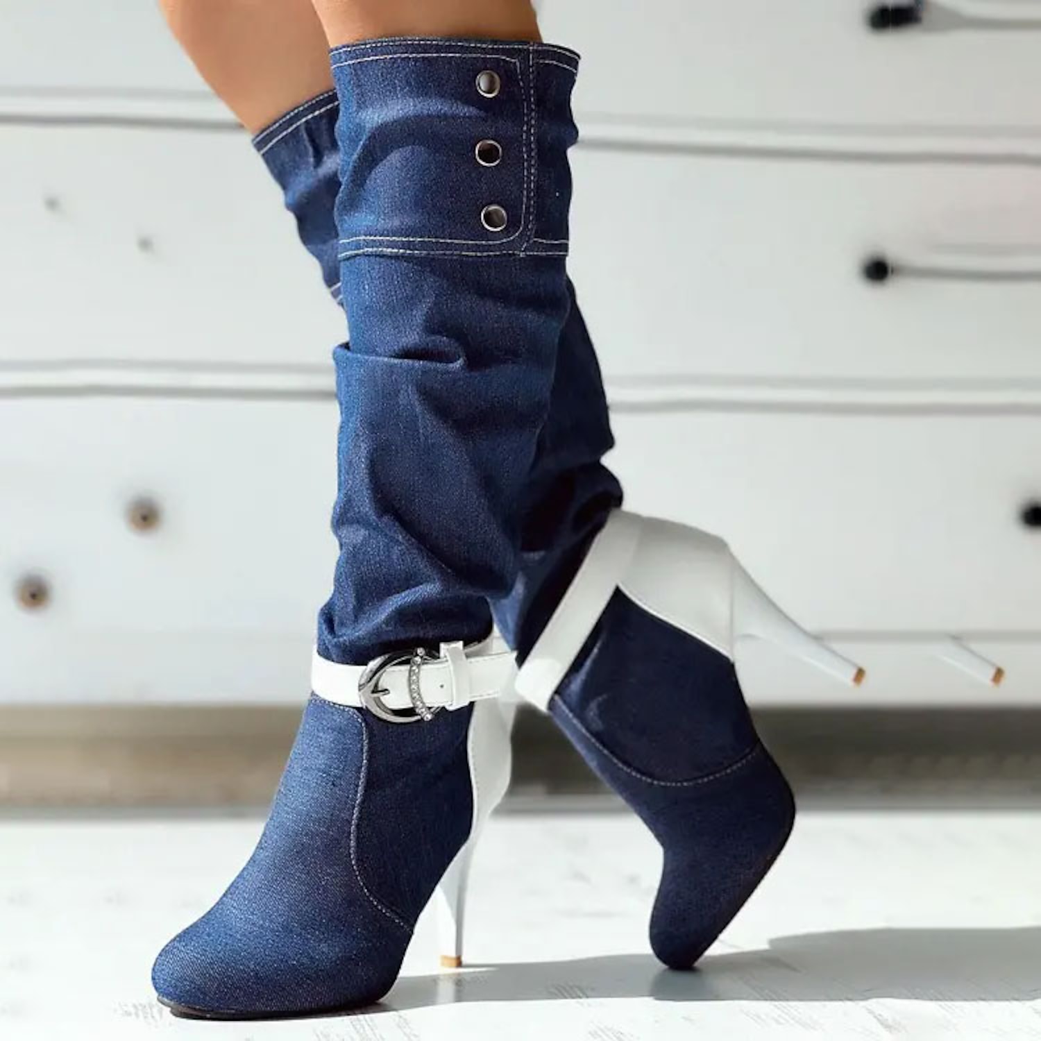 Women's Denim Knee-High Boots with Stiletto Heel and Buckle Strap, Featuring Grommet Detailing and Fashion-Forward Design 2025 - Image 3