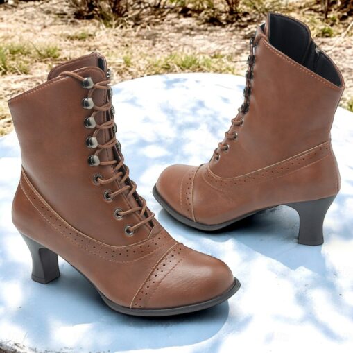 Women's Victorian Brown Lace-Up Mid-Heel Boots with Zipper - Perfect for Everyday Wear and Vintage-Themed Events 2025
