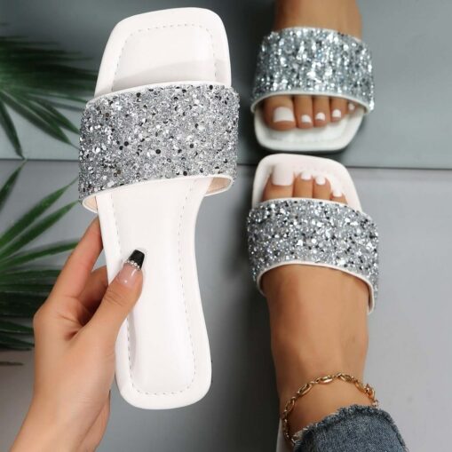 Women's Slippers Bling Bling Shoes Plus Size Beach Slippers Daily Beach Solid Color Plaid Summer Rhinestone Sequin Flat Heel Open Toe Fashion Casual F - Image 3
