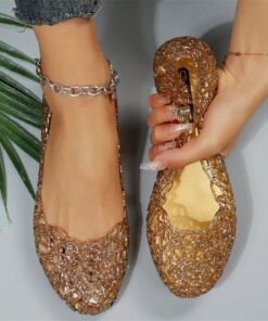 Women's Gold Glitter Jelly Flats - Sparkling Flexible Slip-On Shoes for Summer and Casual Occasions 2025