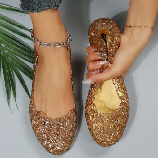 Women's Gold Glitter Jelly Flats - Sparkling Flexible Slip-On Shoes for Summer and Casual Occasions 2025