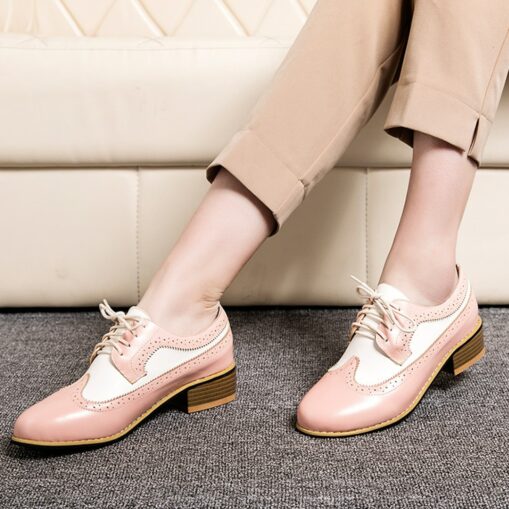 Women's Heels Oxfords Brogue Wingtip Shoes Vintage Shoes Party Outdoor Daily Summer Chunky Heel Round Toe Elegant Vacation Cute Leather Lace-up Pink B