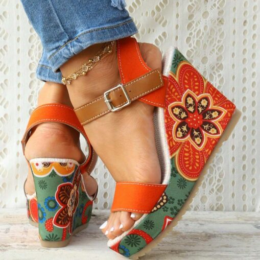 Women's Boho Floral Wedge Sandals – Open-Toe Platform Design with Adjustable Straps for Casual Summer Outfits 2025 - Image 3