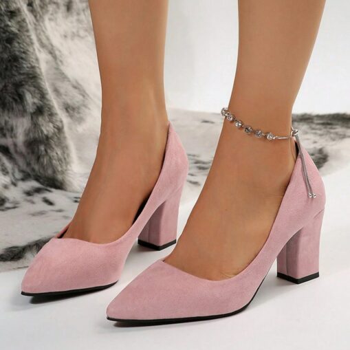 Women's Heels Pumps Plus Size Party Daily Solid Color Rhinestone Chunky Heel Pointed Toe Fashion Faux Suede Loafer Black Pink Gray 2025