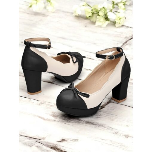 Women's Vintage Two-Tone Chunky Heels with Ankle Strap and Bow Detail – Retro Style Shoes for Special Occasions 2025 - Image 2