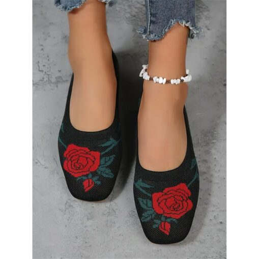 Women's Knit Ballet Flats with Red Rose Design | Comfortable and Stylish Holiday Shoes for Casual Wear 2025 - Image 2