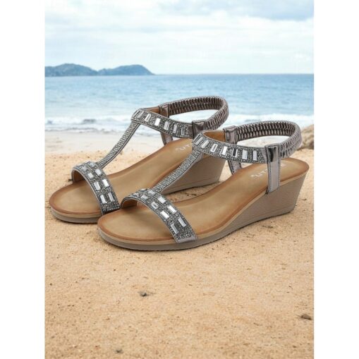 Women's Rose Gold Wedge Sandals with Rhinestone Embellishments and Elastic Strap, Comfortable Summer Shoes for Casual and Formal Occasions 2025