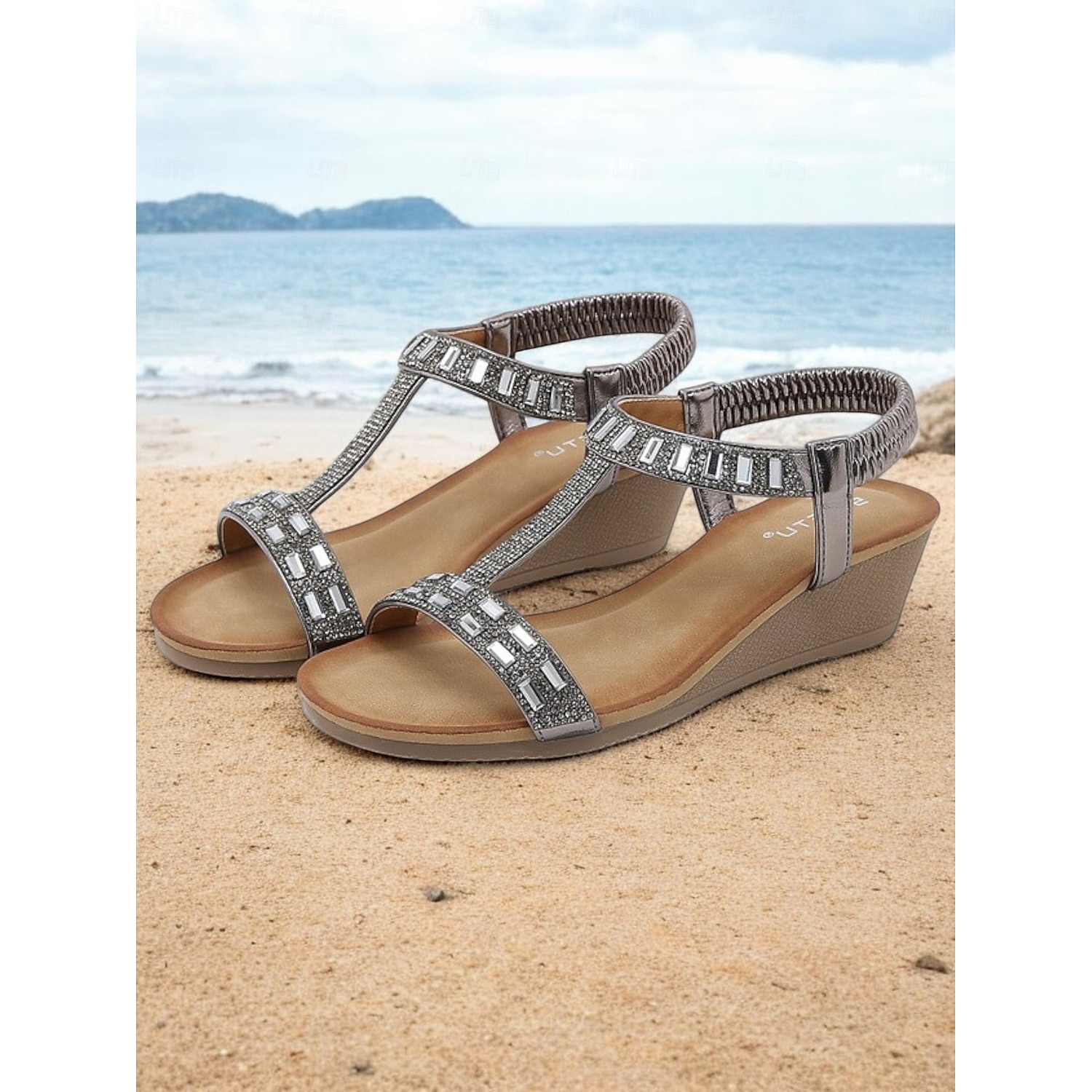 Women's Rose Gold Wedge Sandals with Rhinestone Embellishments and Elastic Strap, Comfortable Summer Shoes for Casual and Formal Occasions 2025
