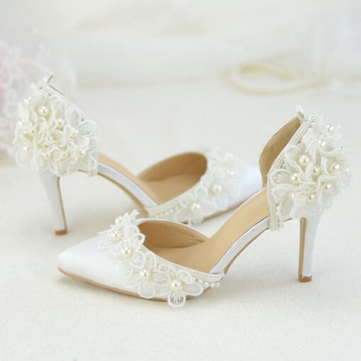 Women's White Wedding Platform Heels with Lace Floral Appliqué and Pearl Bead Details – Elegant Bridal Shoes for Special Occasions 2025 - Image 2