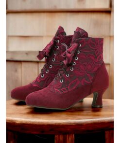 Women's Burgundy Victorian Lace-Up Ankle Boots with Floral Lace Design and Mid-Heel – Elegant Retro Style for Formal and Casual Occasions 2025