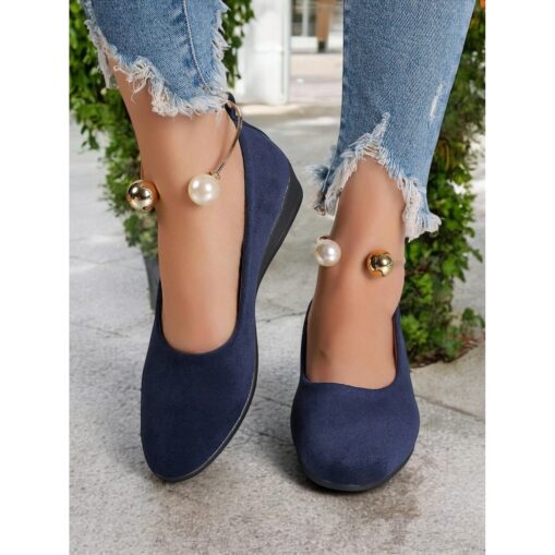 Comfort Faux Suede Wedge Flats with Pearl Ankle Strap Detail, Elegant Style for Office and Casual Outings 2025 - Image 4