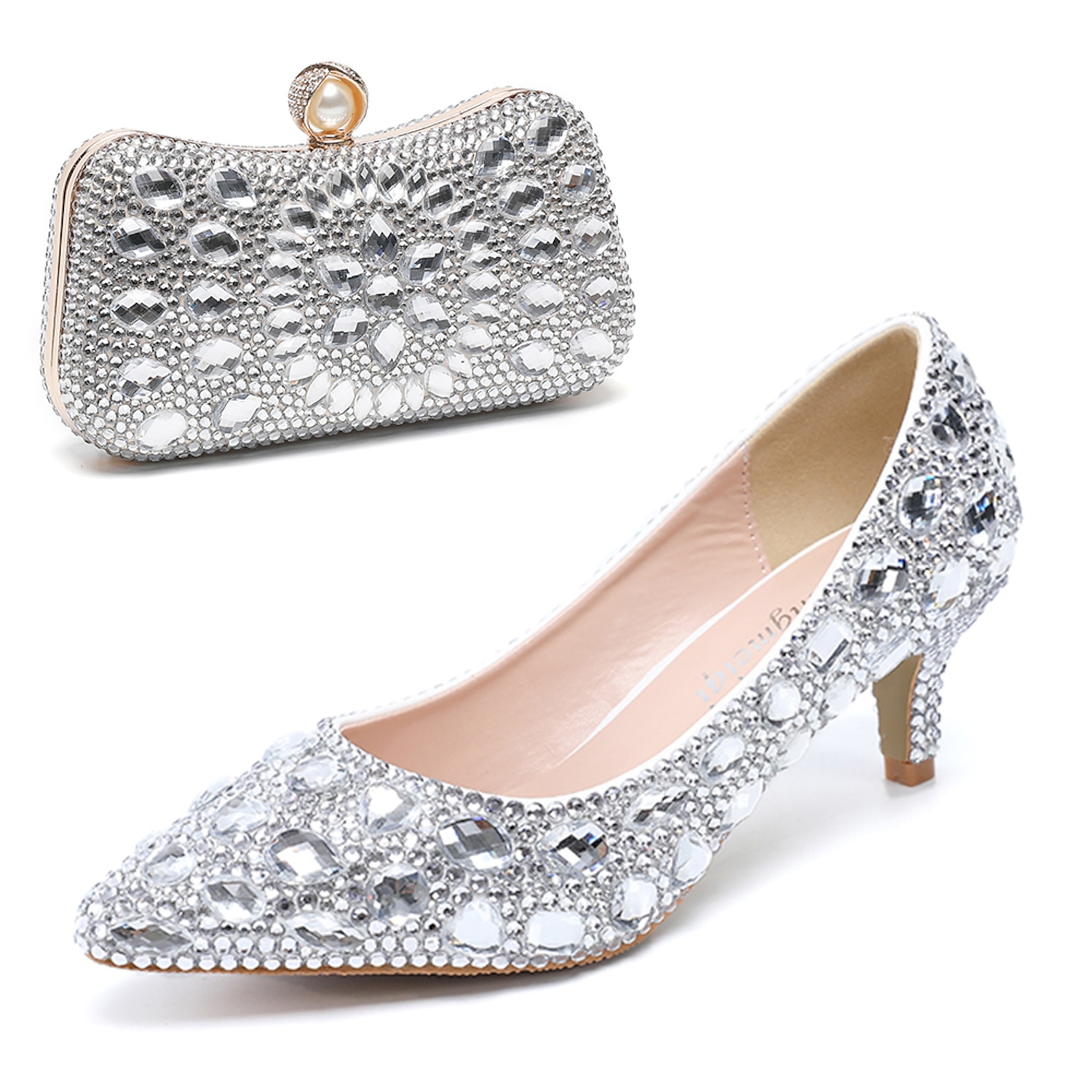 Women's Crystal-Embellished Kitten Heel Shoes and Matching Clutch Set - Elegant Rhinestone Wedding Pumps with Evening Bag 2025 - Image 2