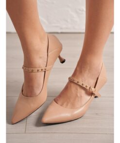 Women's Nude Kitten Heel Pumps with Ankle Strap and Studs – Elegant Pointed Toe Dress Shoes for Office and Formal Occasions 2025