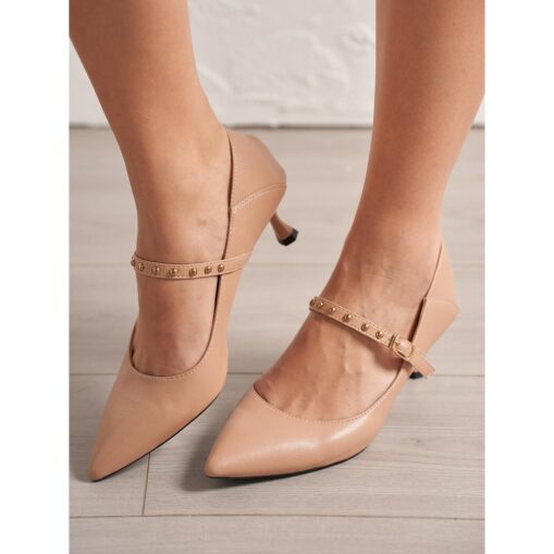 Women's Nude Kitten Heel Pumps with Ankle Strap and Studs – Elegant Pointed Toe Dress Shoes for Office and Formal Occasions 2025