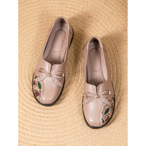 Women's Comfortable Almond Faux Leather Slip-On Shoes with Floral Print and Leaf Bow Accents for Casual and Everyday Wear 2025