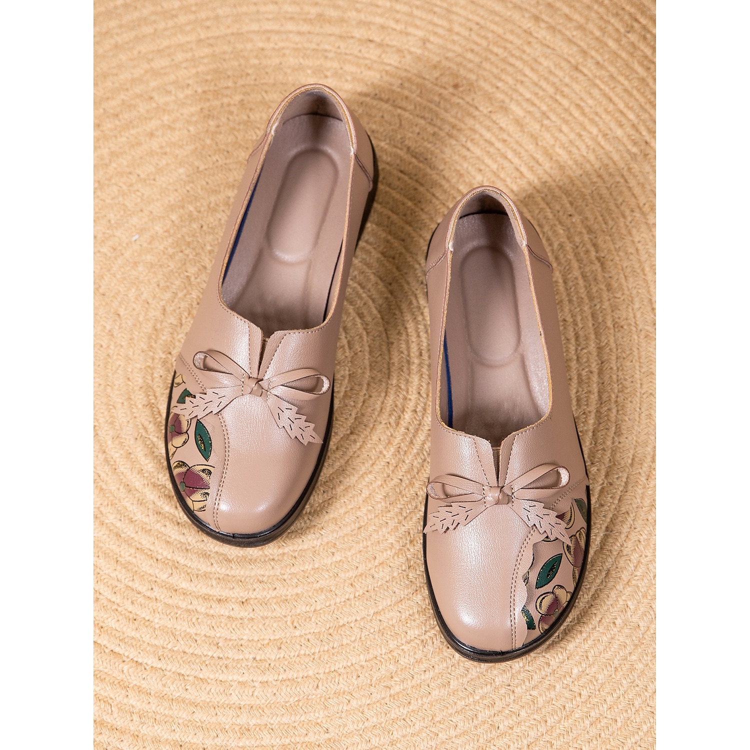 Women's Comfortable Almond Faux Leather Slip-On Shoes with Floral Print and Leaf Bow Accents for Casual and Everyday Wear 2025